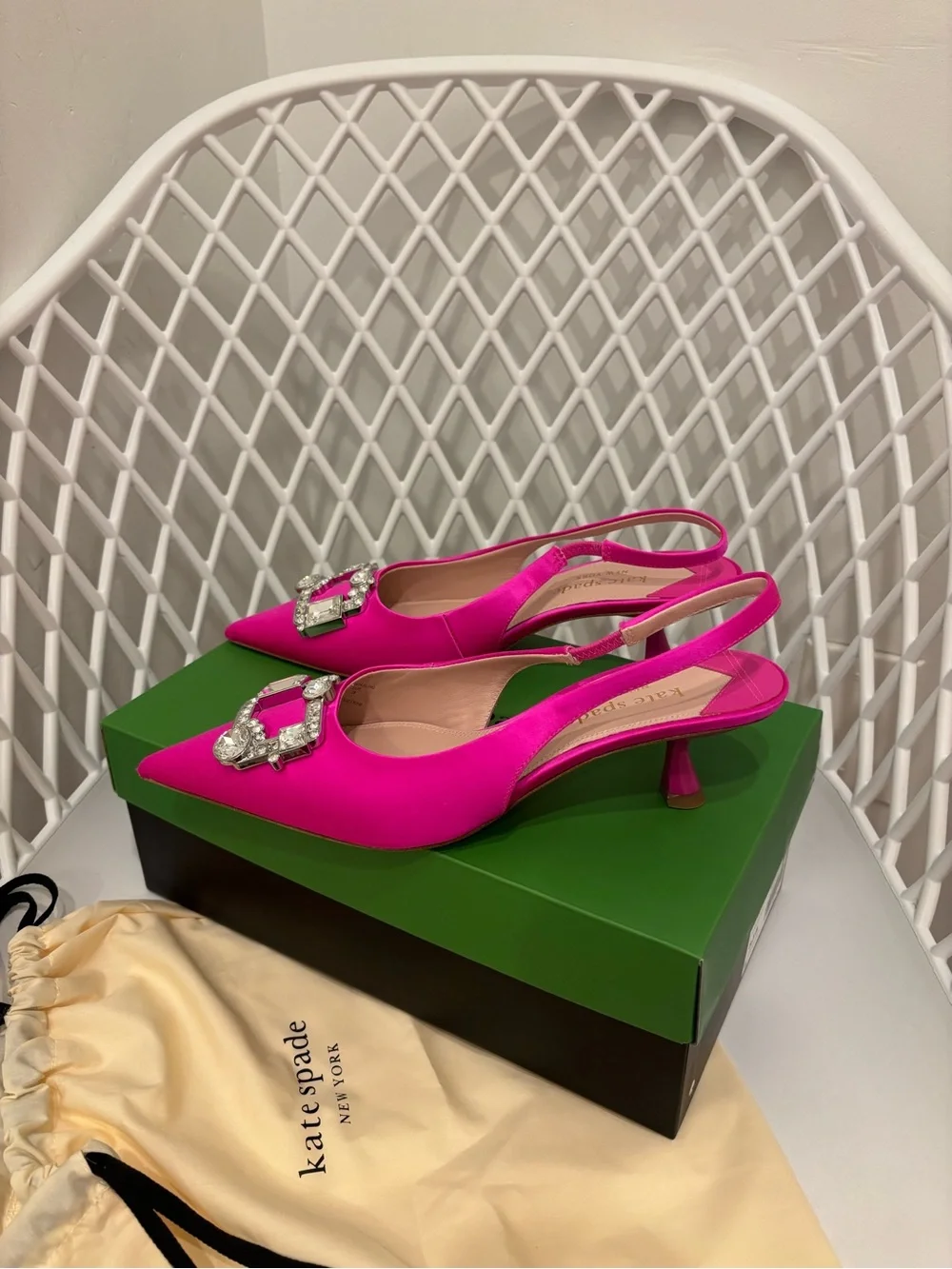 kate spade Fuchsia Satin Slingback Kitten Heel Pumps with Crystal Buckle